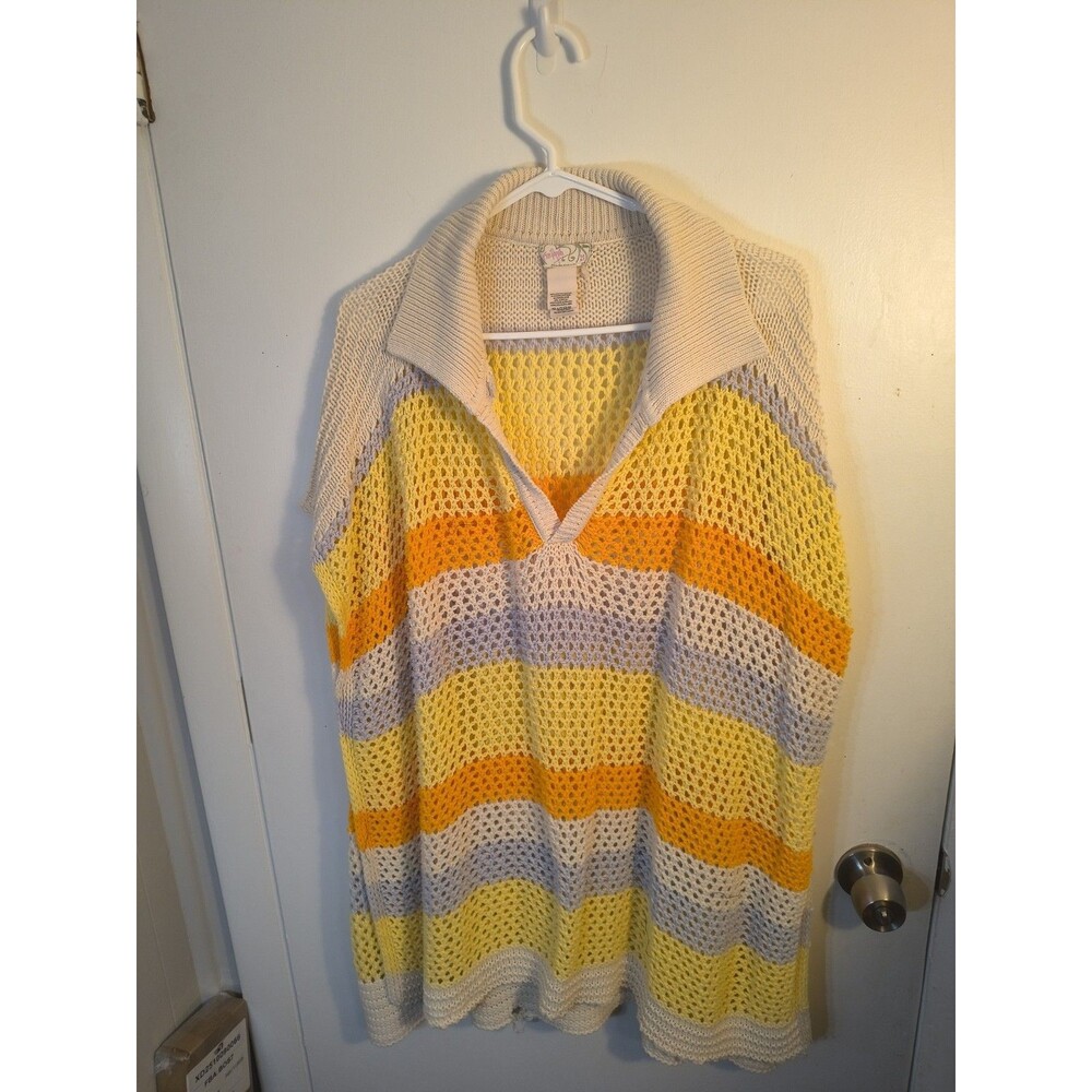 Free People Bayside Stripe Crochet Sweater Poncho One Size Open Knit Boho...